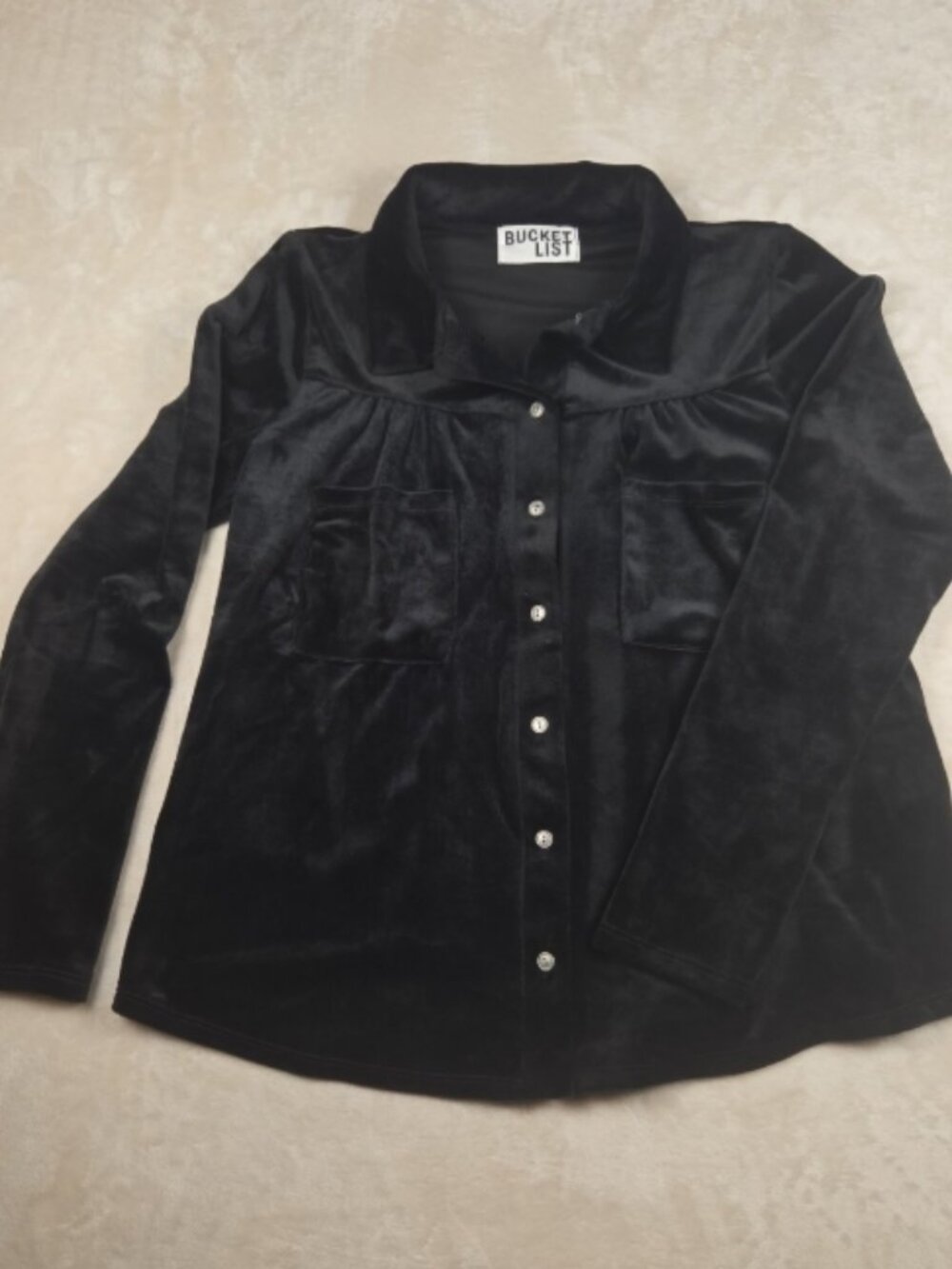 Bucket List Black Stretch Velvet Button‑Down Top – Women’s Small – Made in USA
